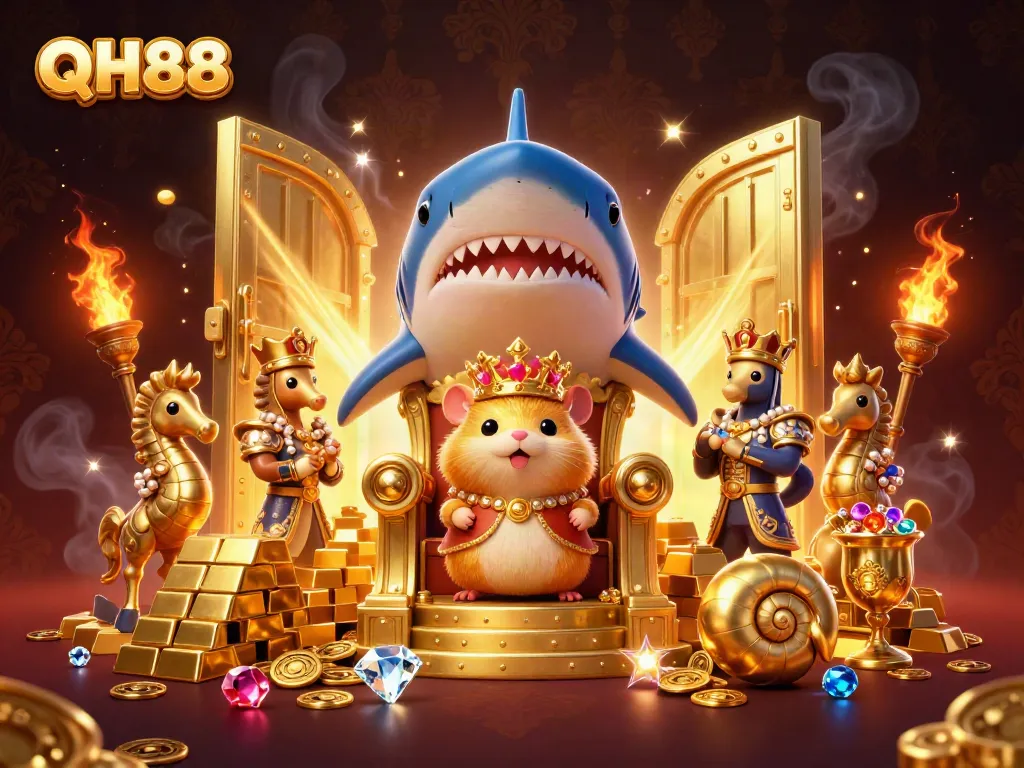 Experience QH88's vibrant casino world with golden treasures and a majestic hamster king.