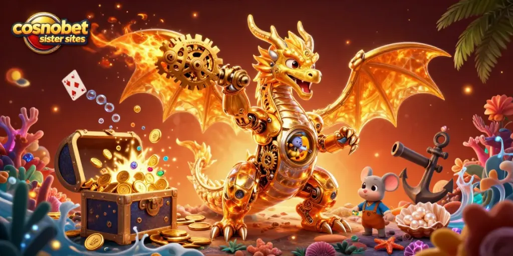 Engage with Cosmobet sister sites through thrilling casino gaming experiences with vibrant illustrations.