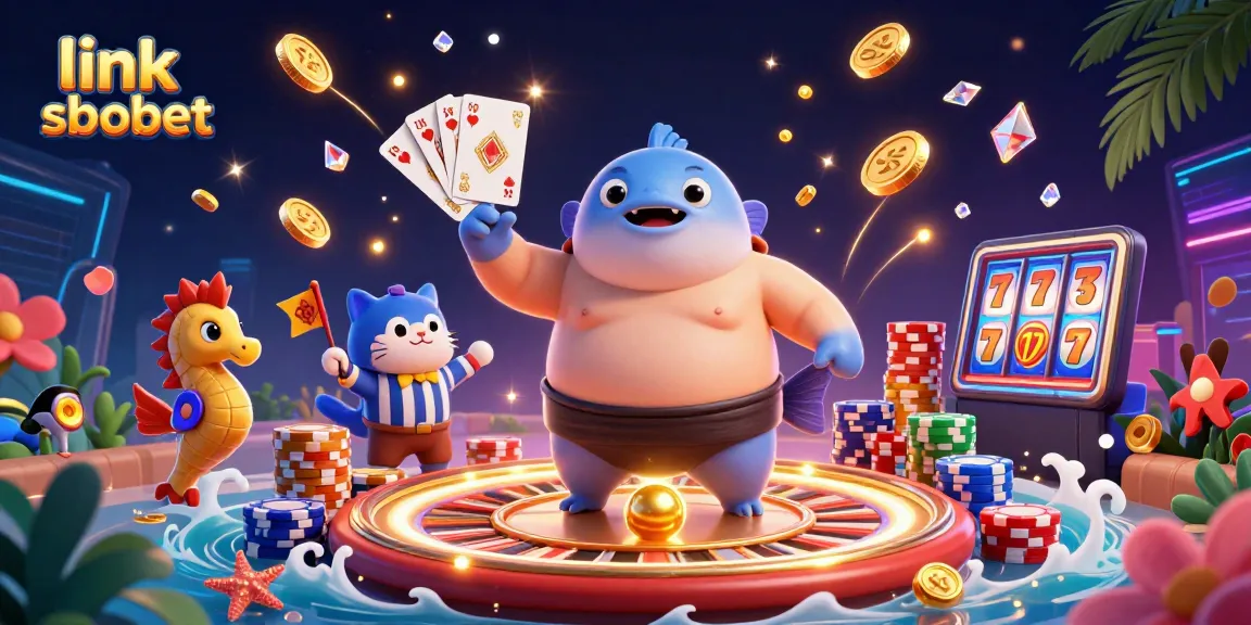 Engage with link sbobet in a vibrant underwater casino scene featuring a playful fugu and festive seahorse spectators.
