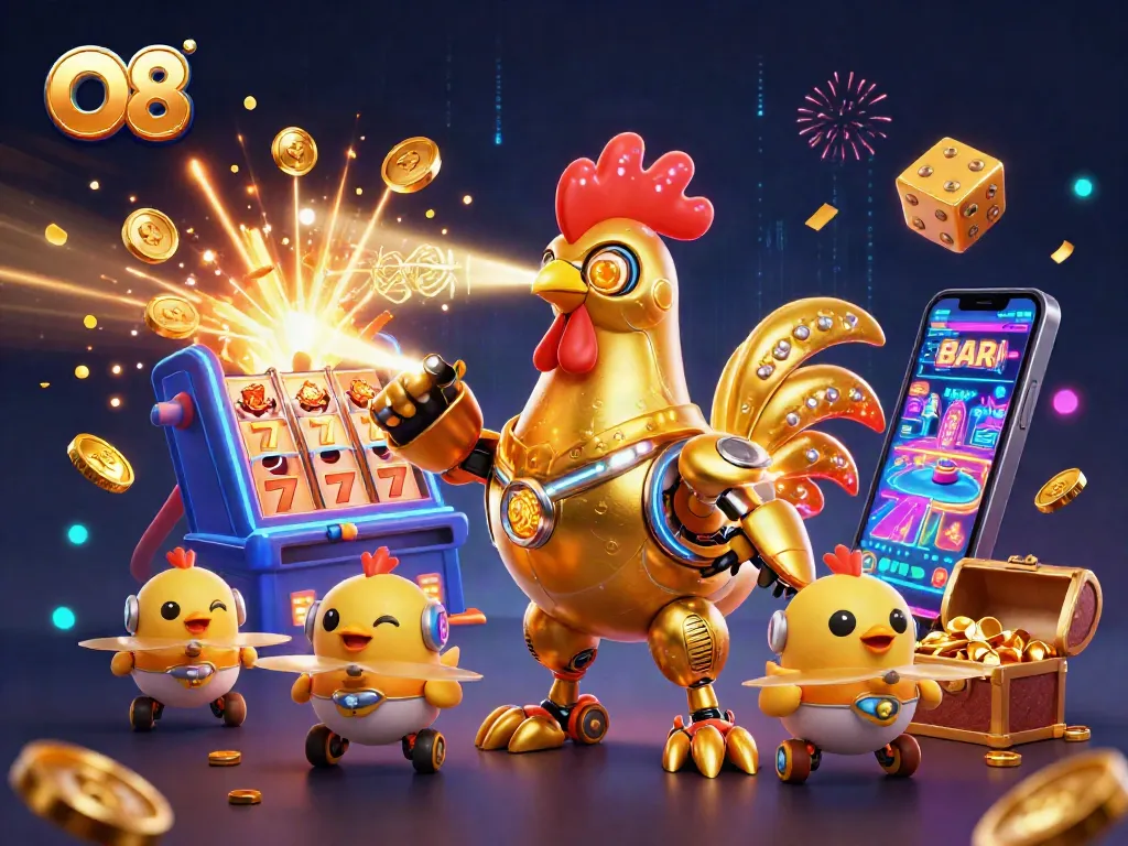Engage with O8's thrilling jackpot as a golden rooster robot leads epic wins in vibrant casino action.