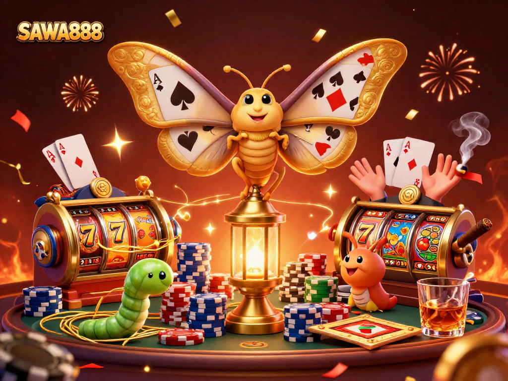 Experience the excitement of SAWA888 with vibrant slot reels and engaging casino scenes.