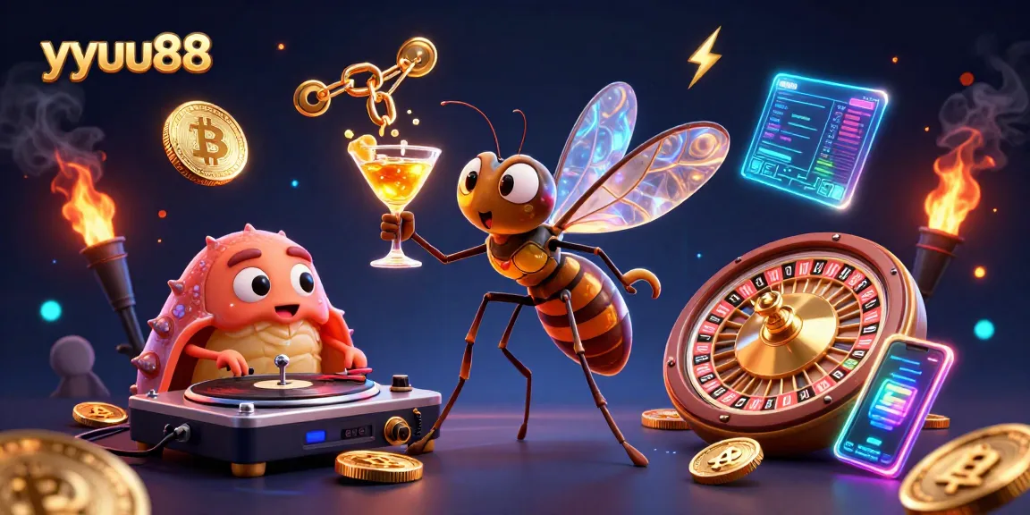 Experience the vibrant yyuu88 casino with a lively 3D scene showcasing characters and crypto elements.