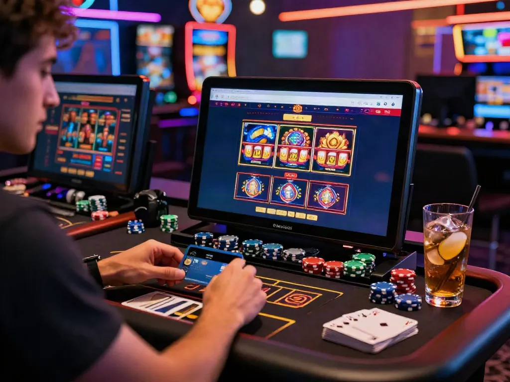 Player exploring a credit card casino on a laptop within a vibrant gaming environment.