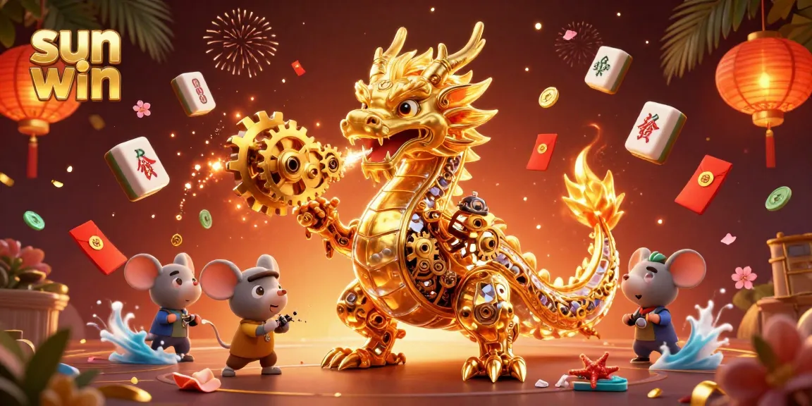 Engage in captivating games at sun win, amidst a fantasy scene of gold, dragons, and festive decor.