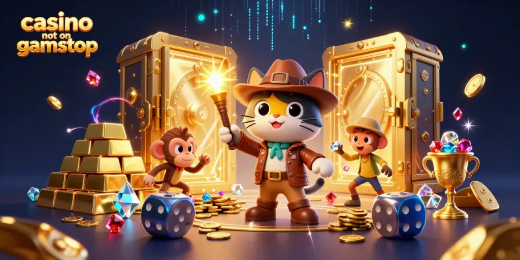 Vibrant exploration scene of a 3D cartoon archaeologist cat and monkey finding treasures in a golden temple, highlighting casino not on gamstop.