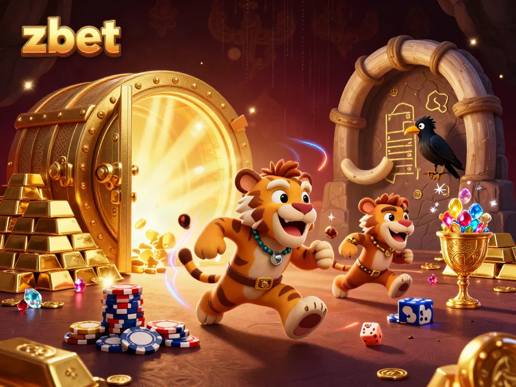 Experience the thrill of zbet with lively characters in a vibrant casino setting filled with treasures.