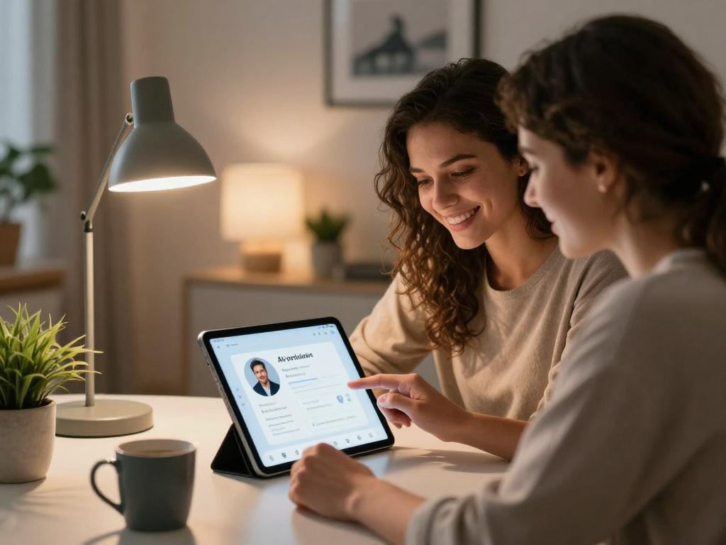 Couple using sex ai dating app in cozy modern home