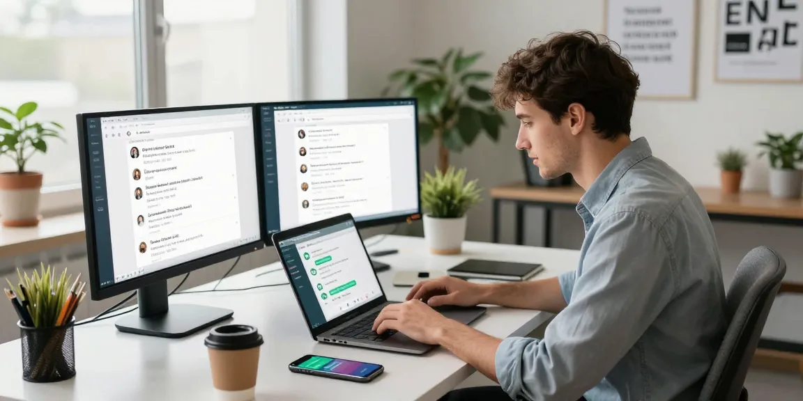 Engaged professional using WhatsApp網頁版 on a sleek laptop in a modern office setting.