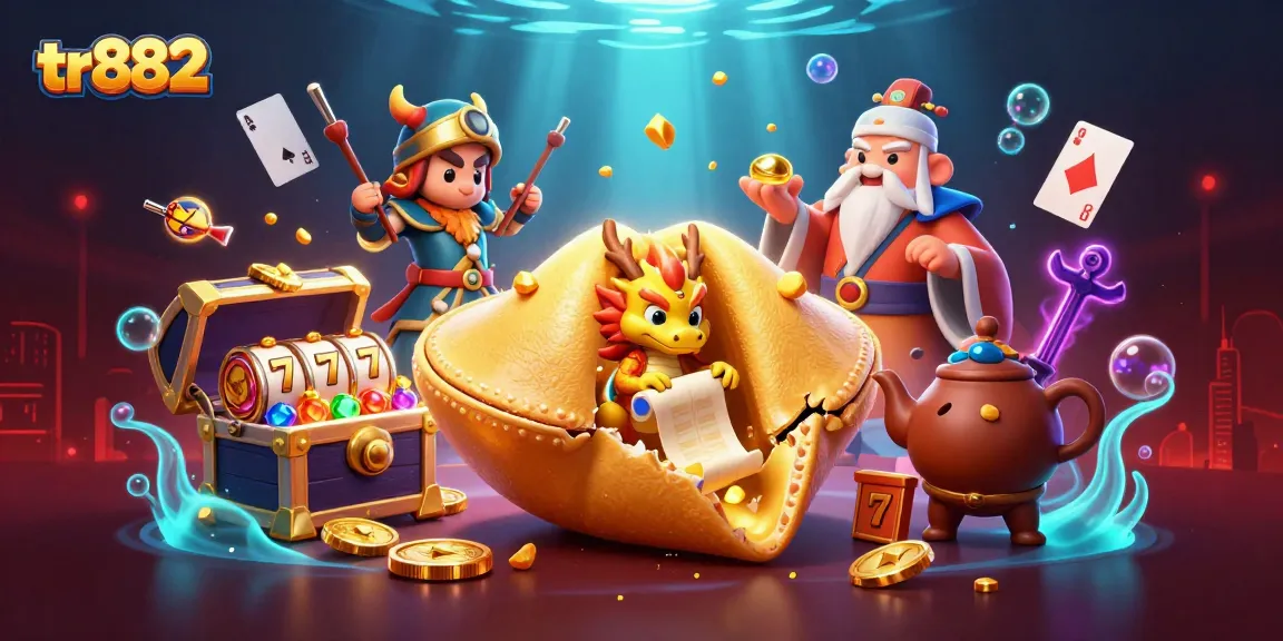 Engage with the vibrant world of tr882 featuring a golden fortune cookie and rich treasure elements in an immersive casino illustration.