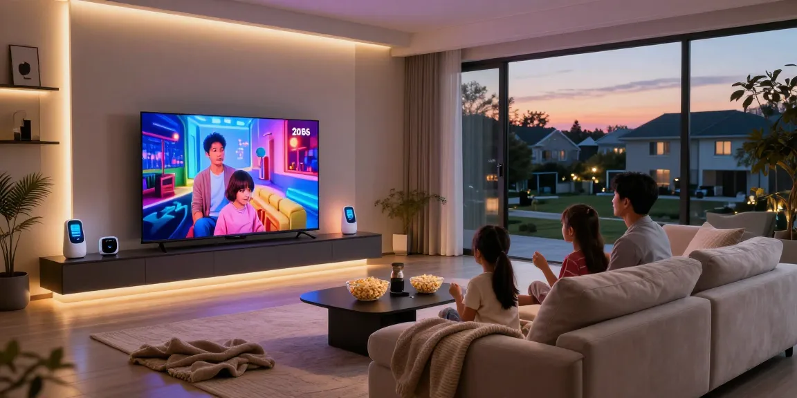 A family enjoying a movie night around a vibrant smart TV 2026, showcasing cozy living room elements and modern smart home technology.