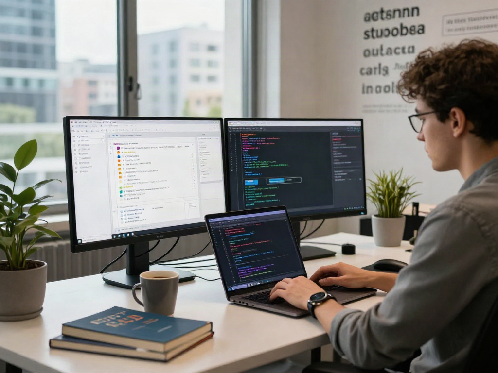 Software engineering workspace at https://789win11.org/ with coding screens and city view.
