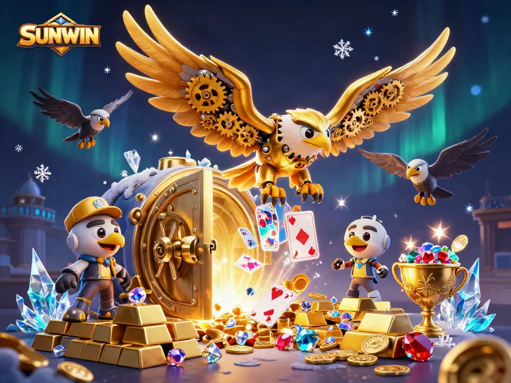 Engage with SUNWIN's exciting gameplay as a golden eagle dives through holographic cards amidst treasure.