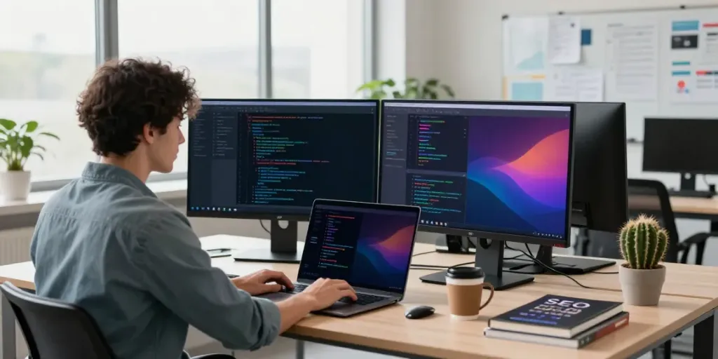 Software engineer utilizing instant indexing tools in a modern workspace.