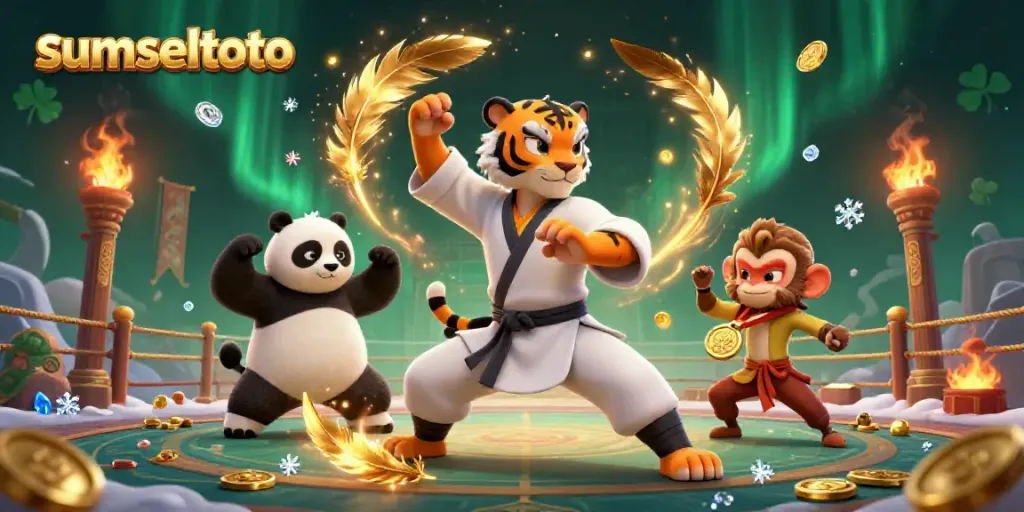 Sumseltoto's animated characters showcase a vibrant casino atmosphere with martial arts elements and gambling items.