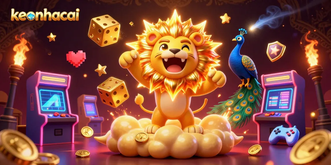 Experience keonhacai with vibrant casino energy as a roaring lion and golden dice illuminate the scene.