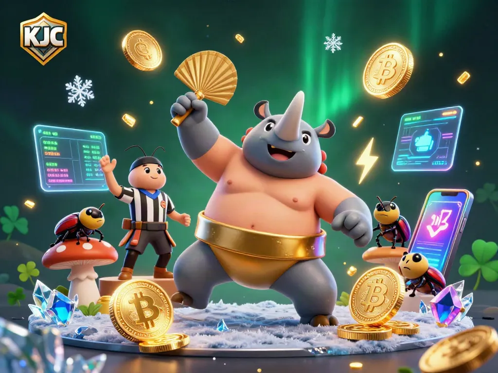 KJC casino action shows a sumo beetle champion amidst gold coins and crypto assets, creating a thrilling scene