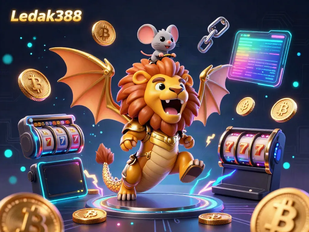 Engage in thrilling gameplay at Ledak388 with a vibrant 3D cartoon illustration depicting a chimera and crypto elements.