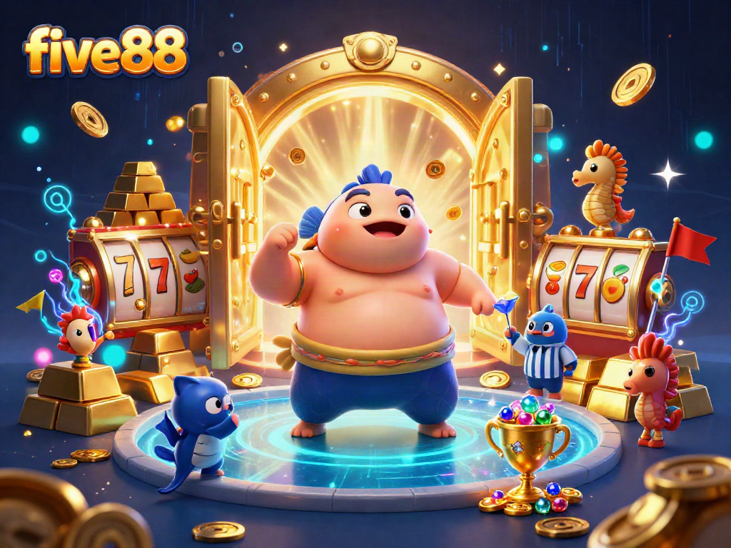 Experience thrilling gameplay with five88's vibrant, dynamic 3D casino illustration showcasing excitement.