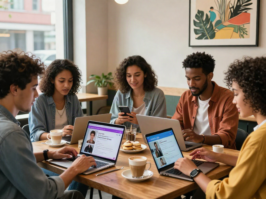 Group of young adults using their devices to explore sex ai connections in a trendy café.