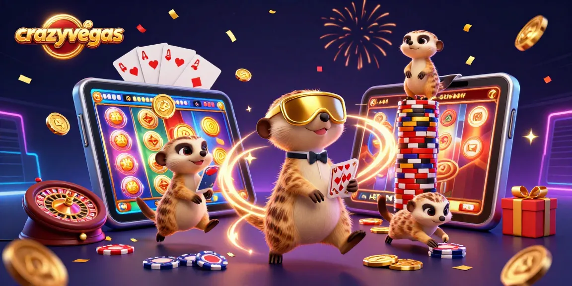 Try your luck at crazyvegas with meerkats running a casino amid spinning reels and vibrant casino elements.