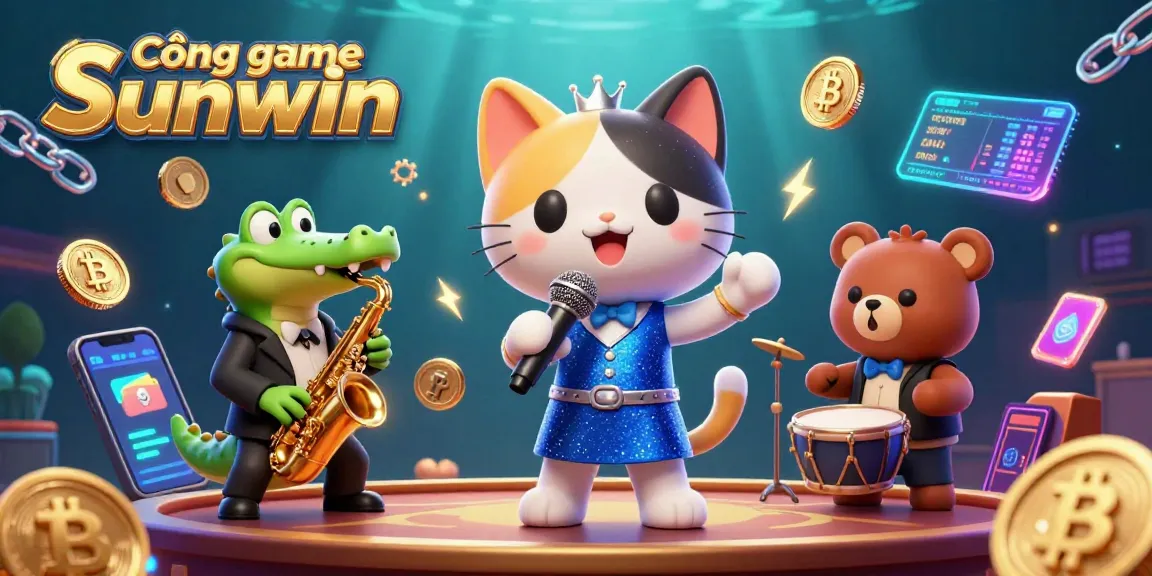 Engage with Cổng game Sunwin featuring a lively jazz band performing amidst cryptocurrency and casino elements.