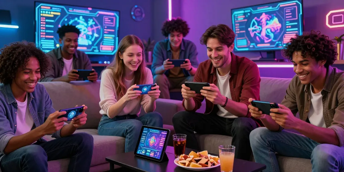 Engaging scene of friends playing mobile porn games in a vibrant digital atmosphere.