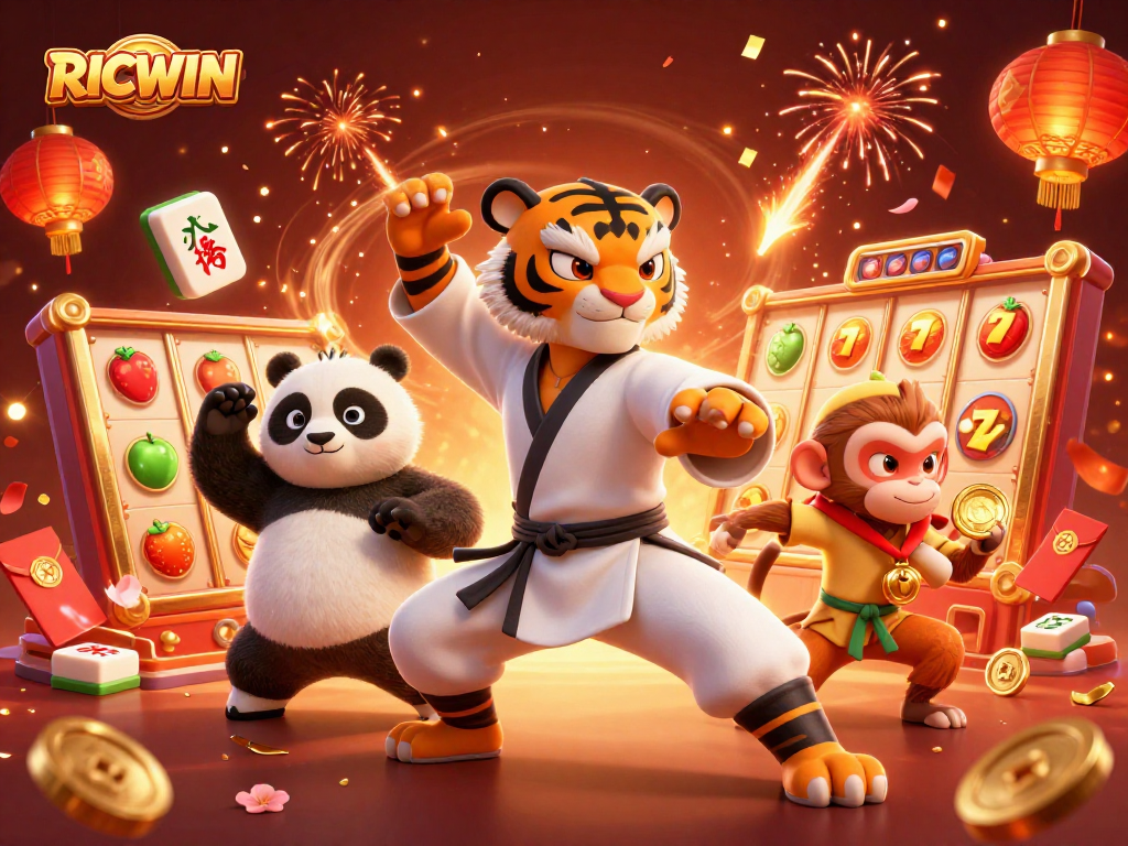 Engage with RICWIN as a kung fu tiger and friends embody casino excitement amidst spinning slots.