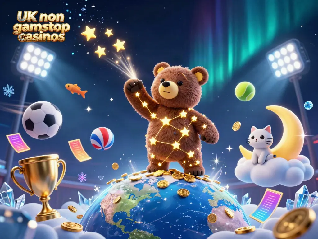 Engaging illustration of UK non gamstop casinos featuring a constellation bear, gold coins, and sports betting elements.