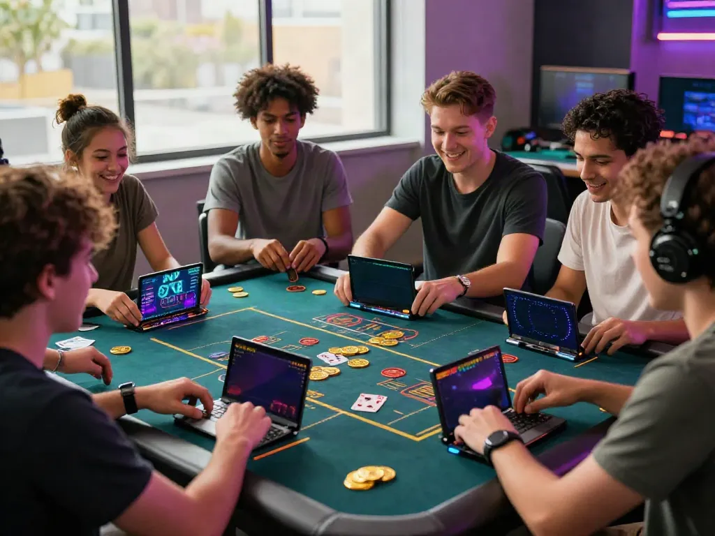 Exciting group of players enjoying SIN88 online casino games with vibrant graphics.