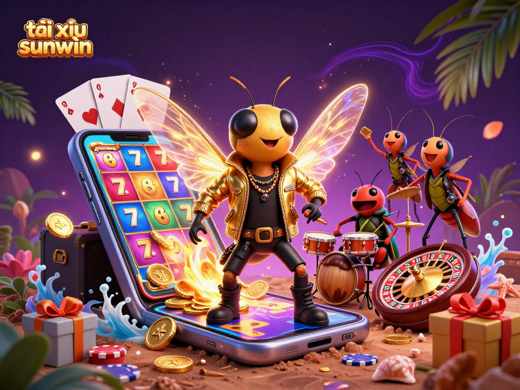 Engage with tài xỉu sunwin in this vibrant 3D casino scene featuring a rock star cicada and dynamic game elements.