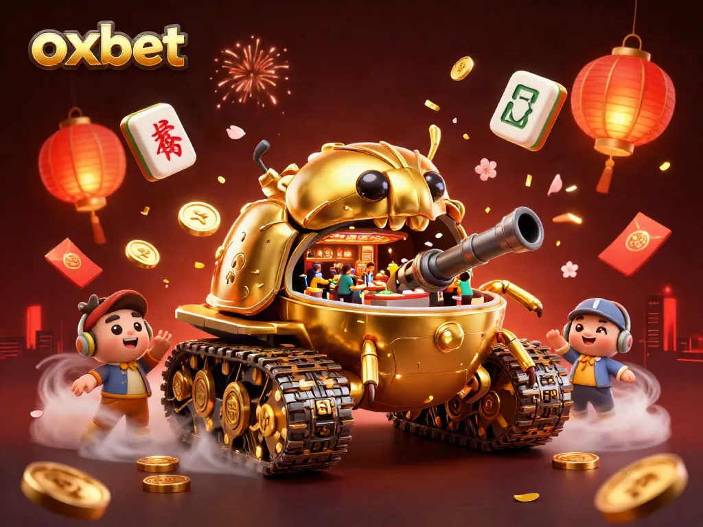 Experience excitement with oxbet's casino scene featuring a golden beetle tank and festive elements.