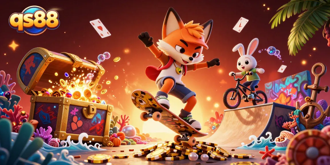 Experience excitement at qs88 with a skateboarder fox and BMX rabbit in a vibrant casino scenario.