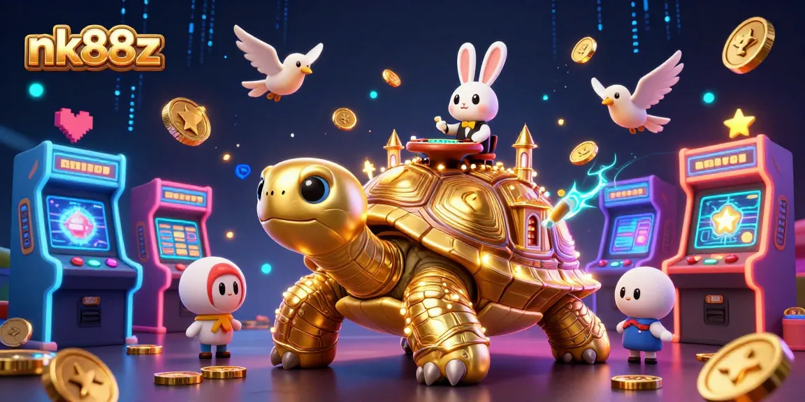 Play thrilling games at nk88z with a whimsical golden tortoise casino illustration featuring vibrant characters.
